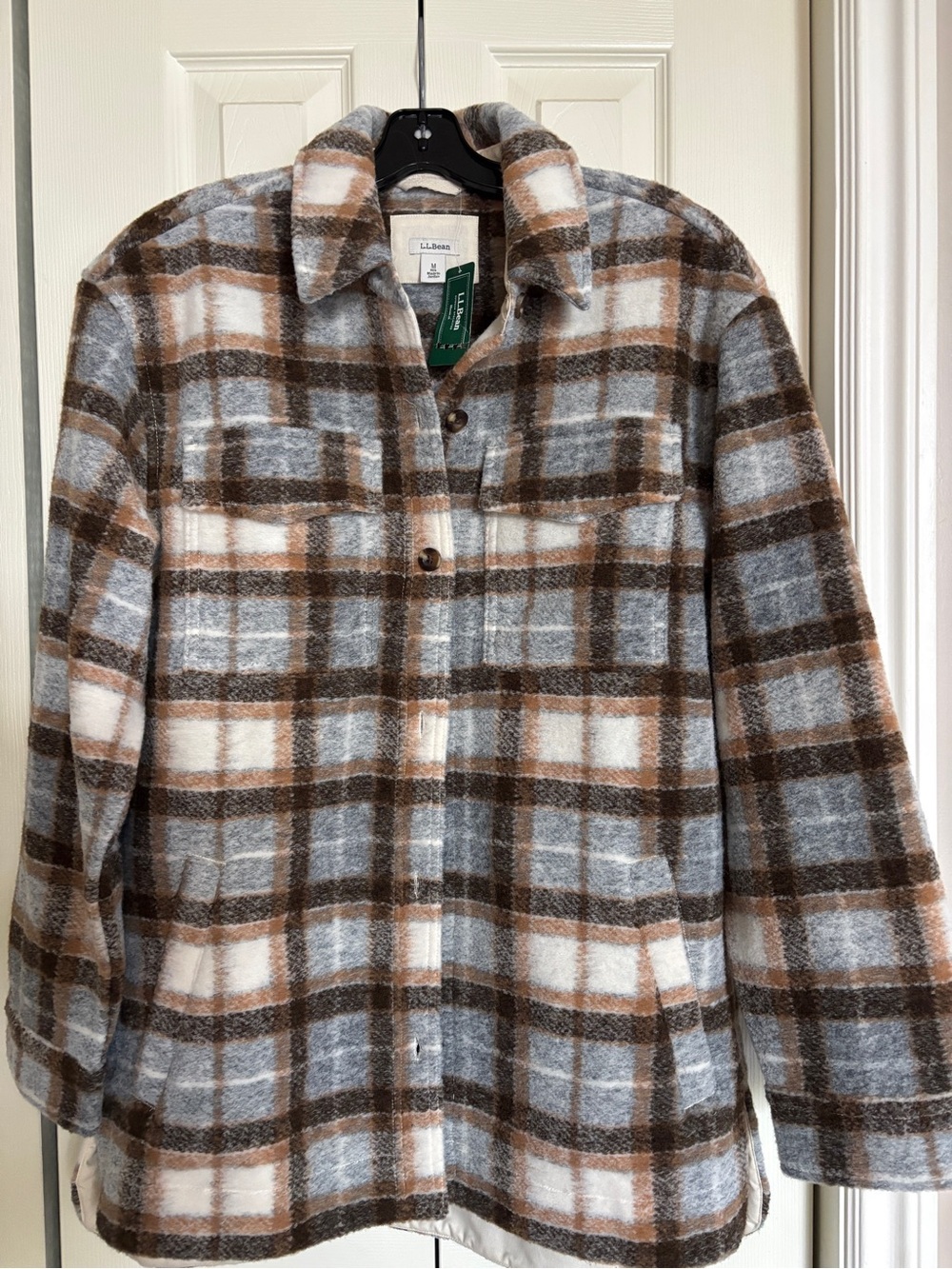 L.L. Bean Plaid Shacket in Brown, Gray, Cream